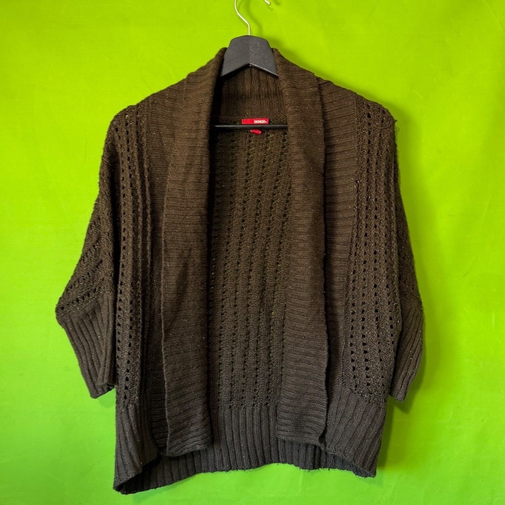 Bongo Brown Metallic Shimmer Open Front Cardigan Pointelle Knit Sweater Small